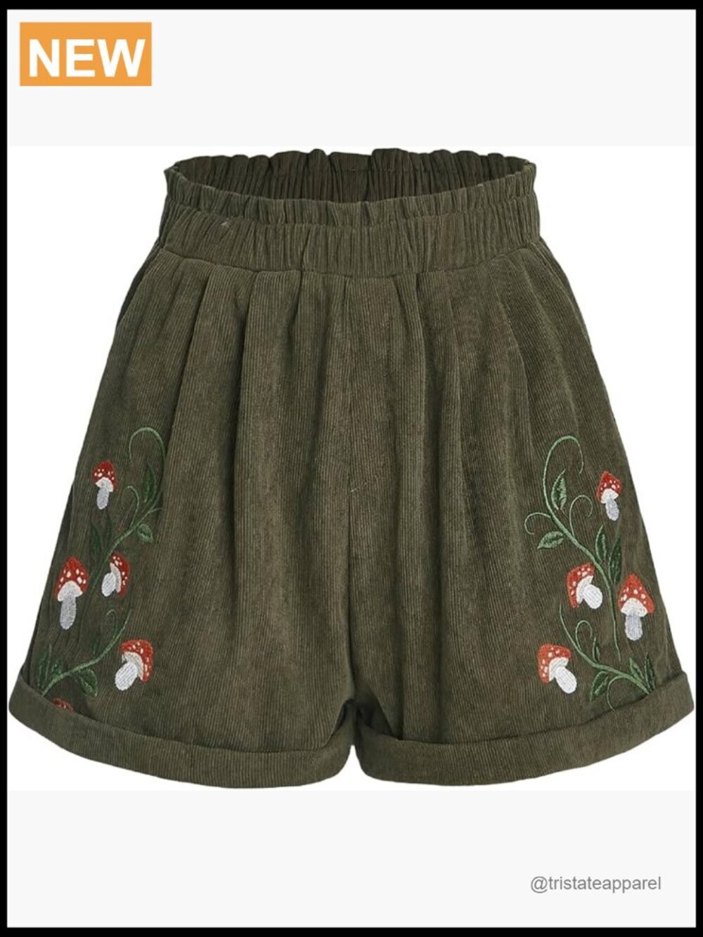 Embroidery Paperbag Waist Corduroy Shorts Elastic Waist Straight Leg Casual